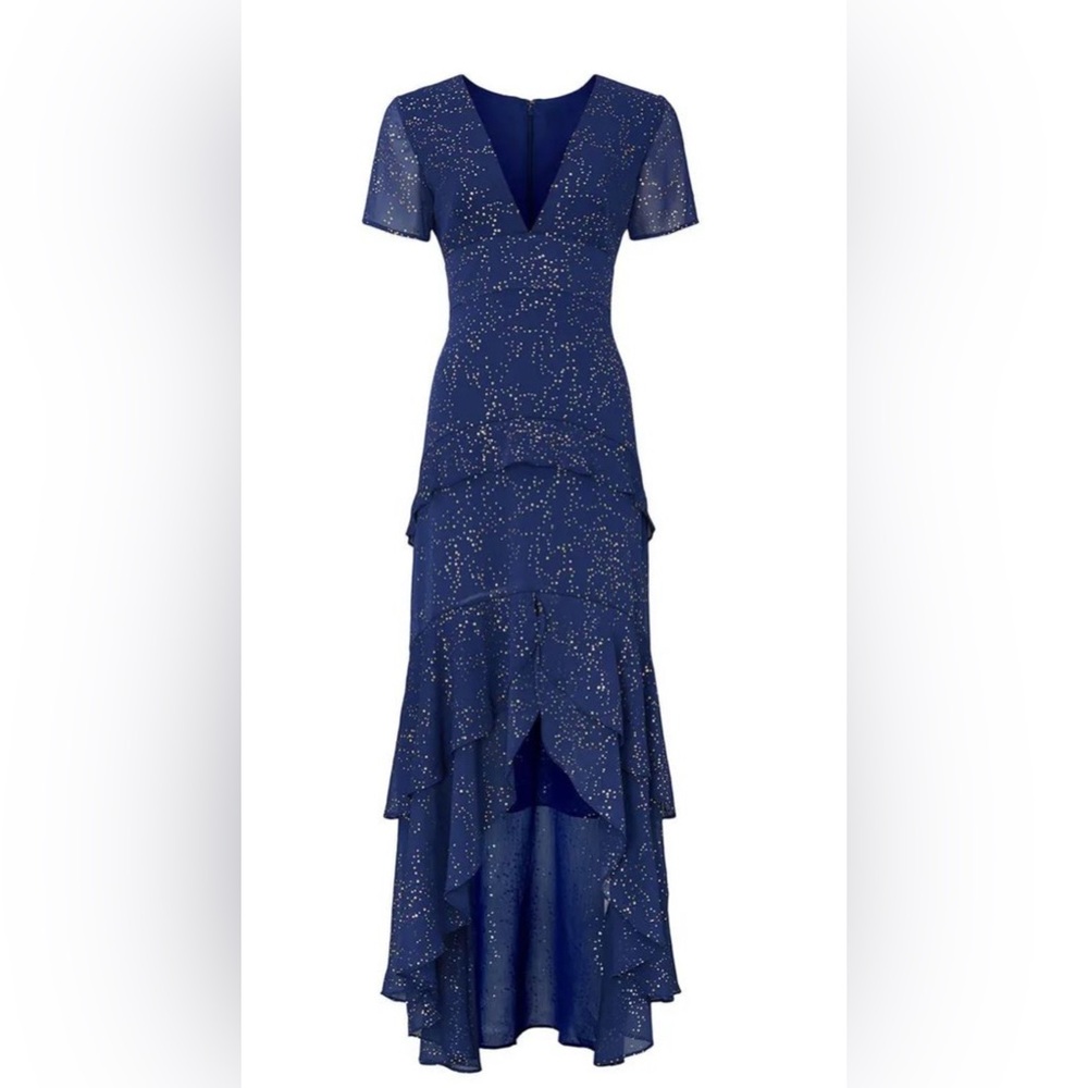 Anthropology Hutch  royal blue and gold metallic high low gown size 4